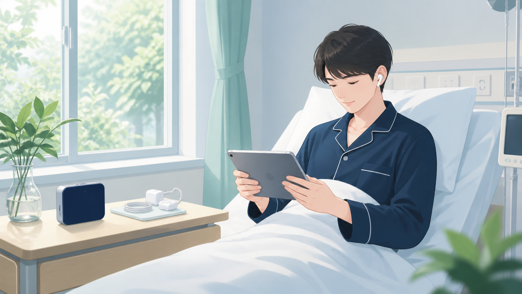 病室でWiMAXの利用ルールを確認する入院患者