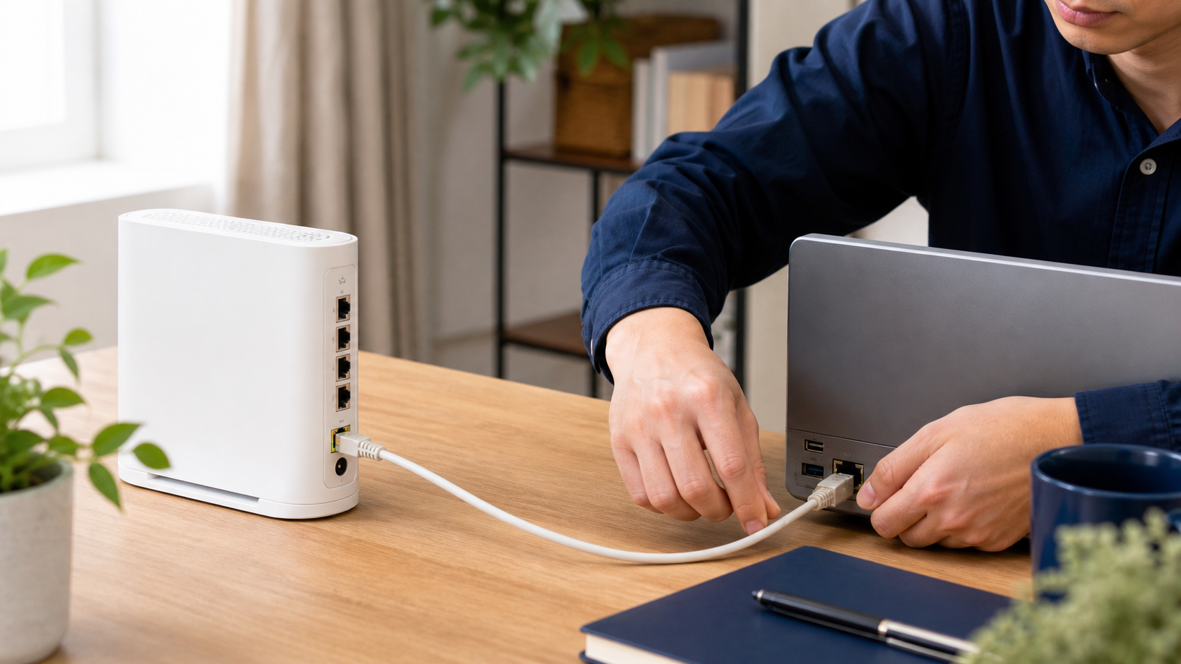 WiMAXホームルーターとパソコンをLANケーブルで接続する様子