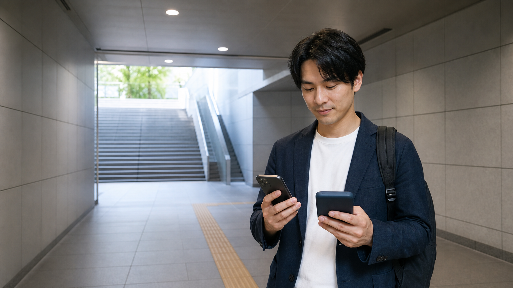 地下や建物の奥でWiMAXのつながり方を確認する男性