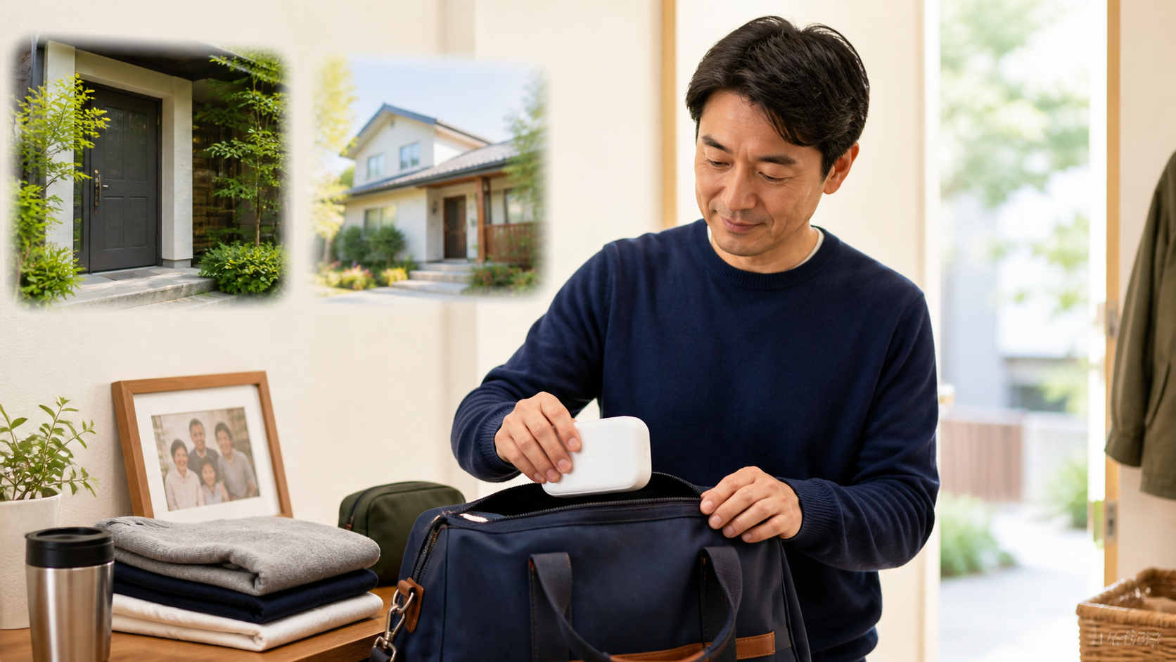 WiMAXルーターを二つの住所へ持ち運ぶ男性