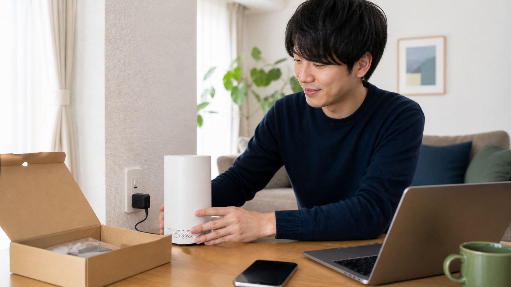 工事をせずホームルーターを設置する男性