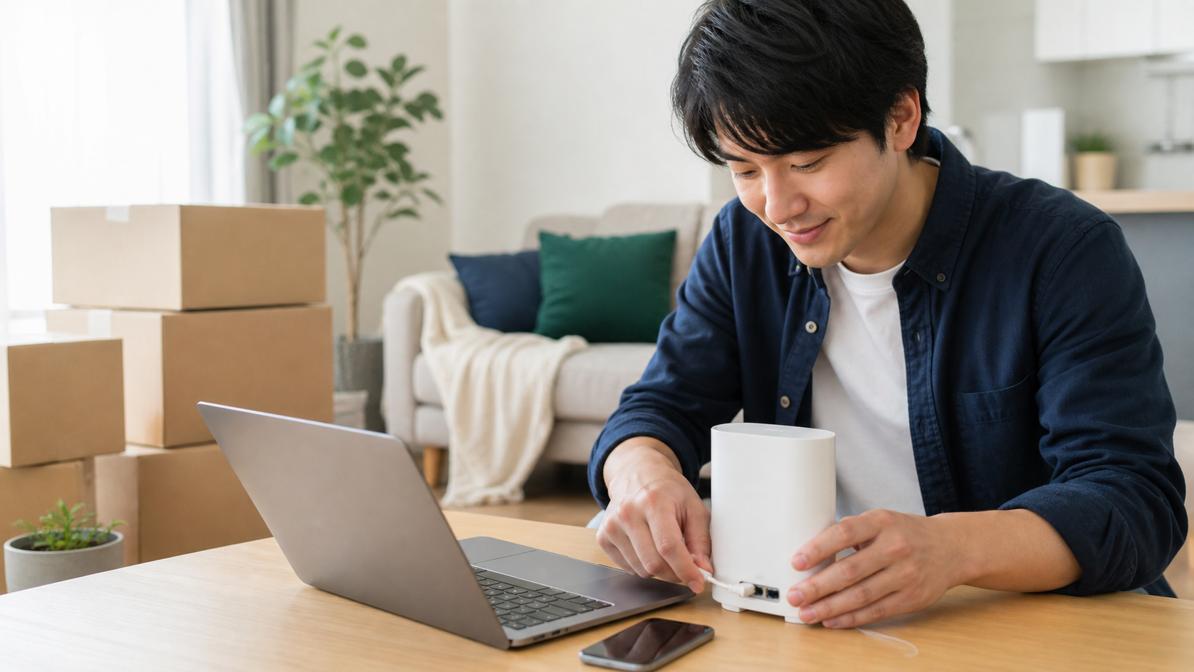引っ越し先でホームルーターを準備する男性