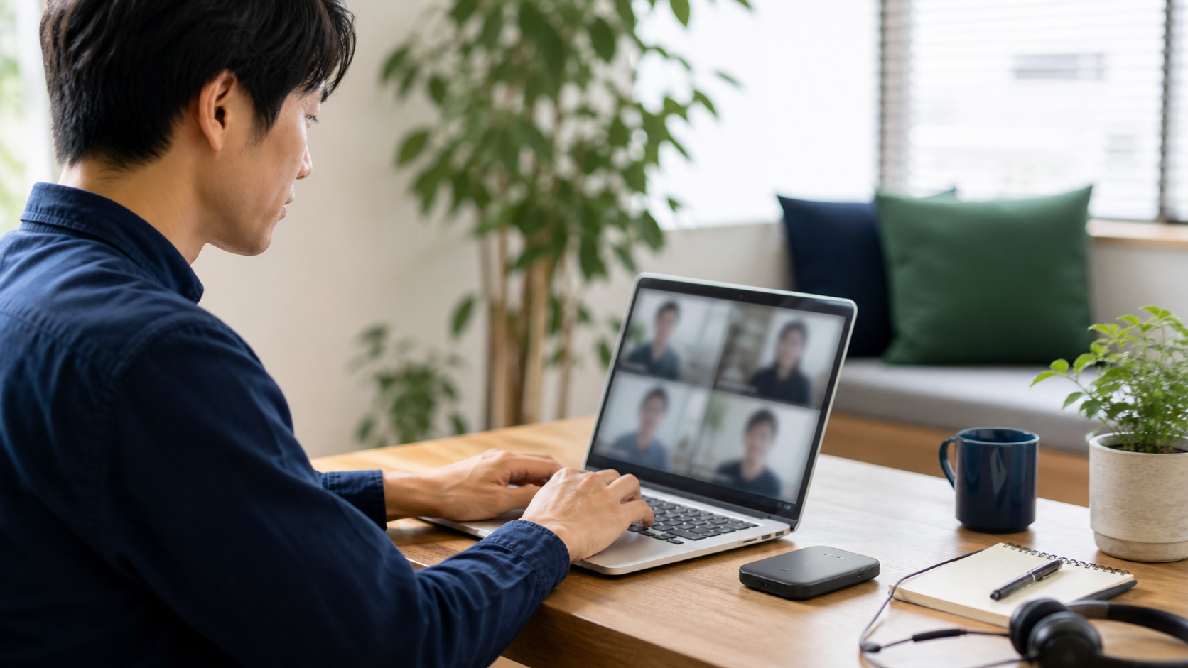 ポケット型Wi-Fiを使って自宅でテレワークをする男性