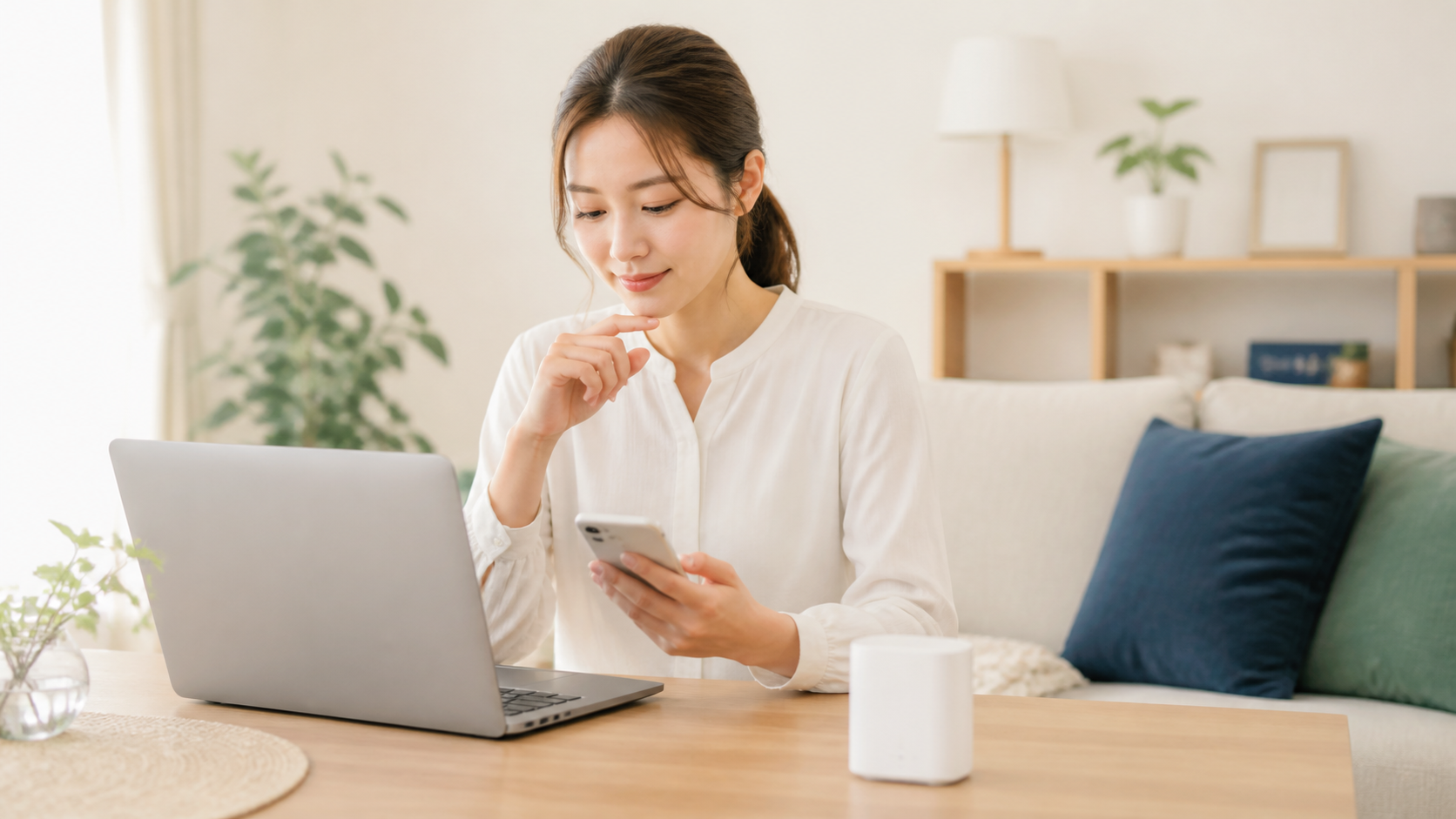 自宅でWiMAXの通信量と速度を確認する女性