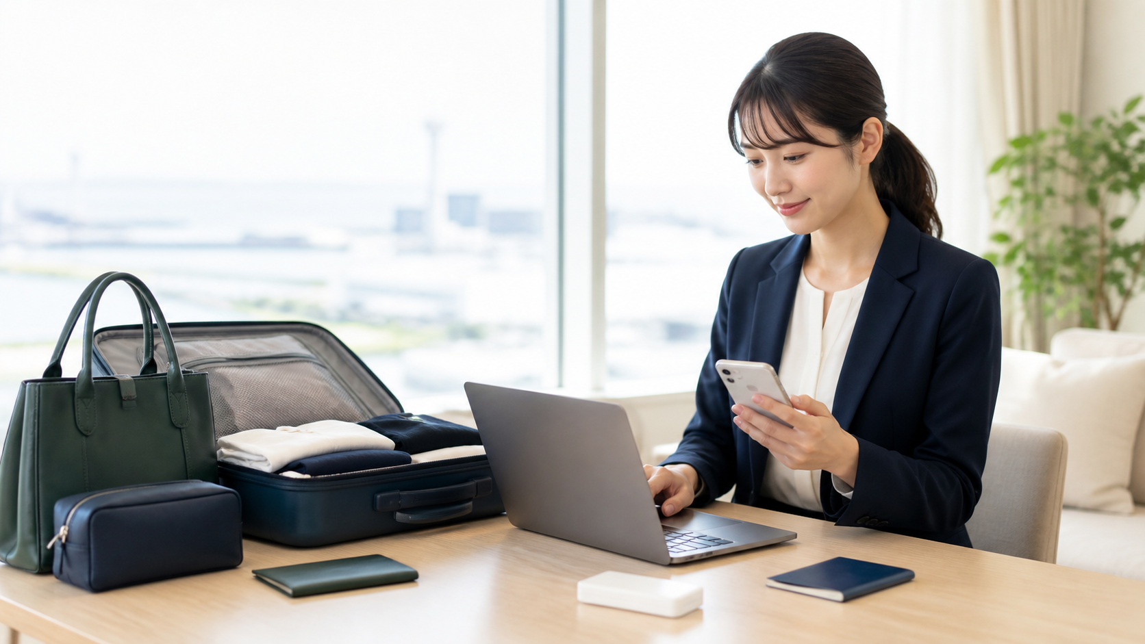 海外出張前に通信手段を準備する女性