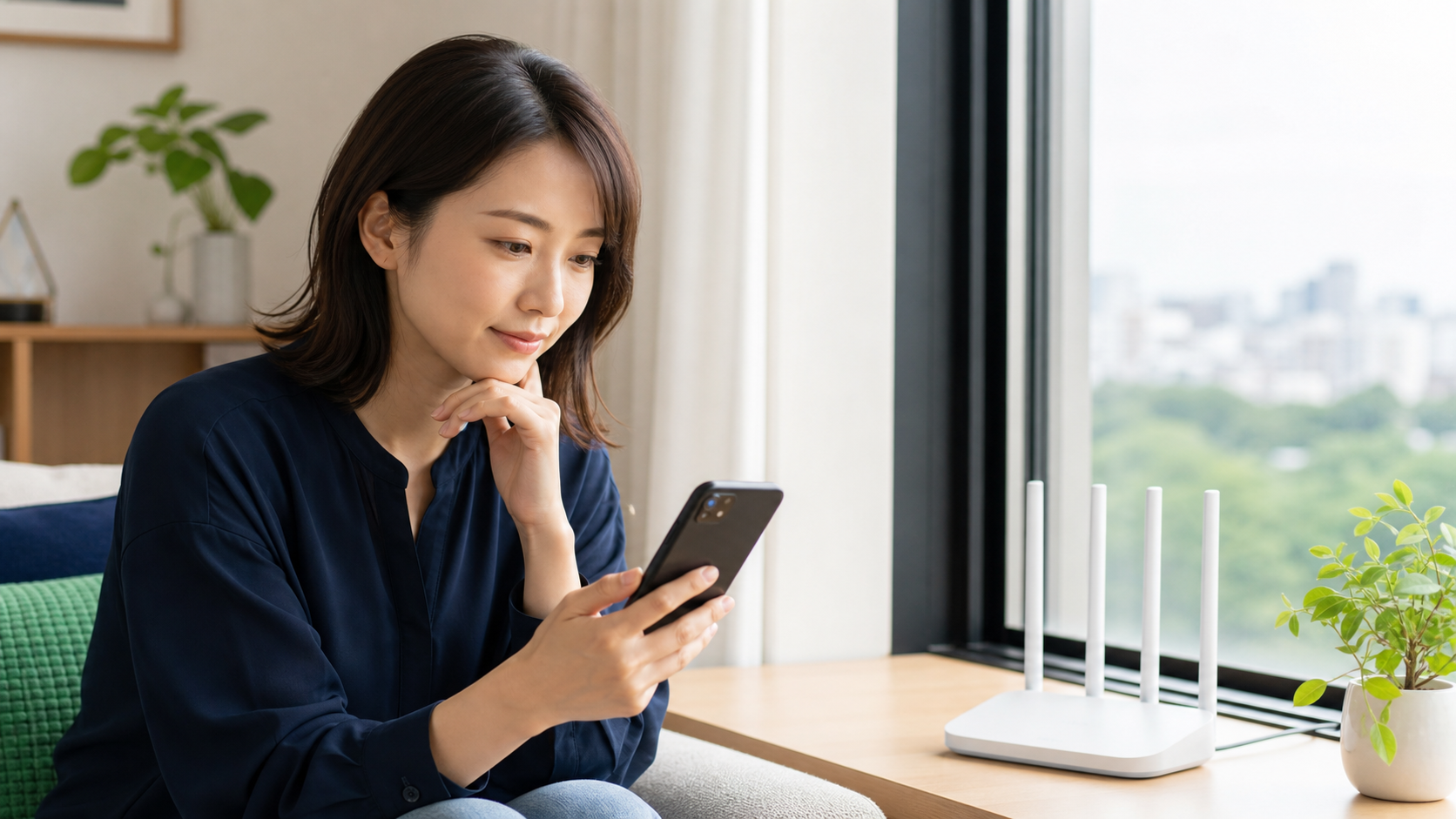 窓際でWiMAXの通信モードを確認する女性