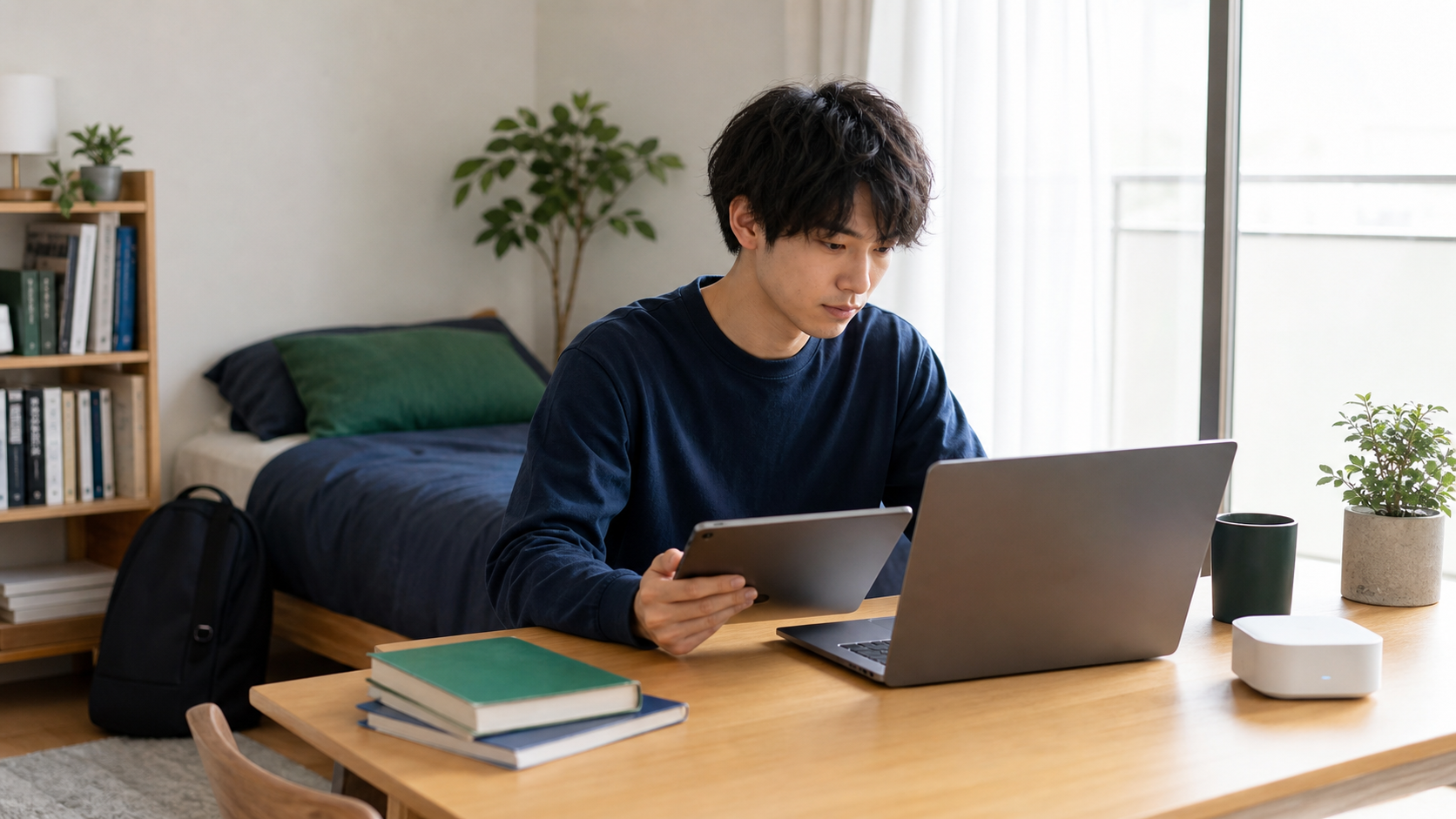 大学生の一人暮らしでWiMAXを使ってオンライン学習する様子