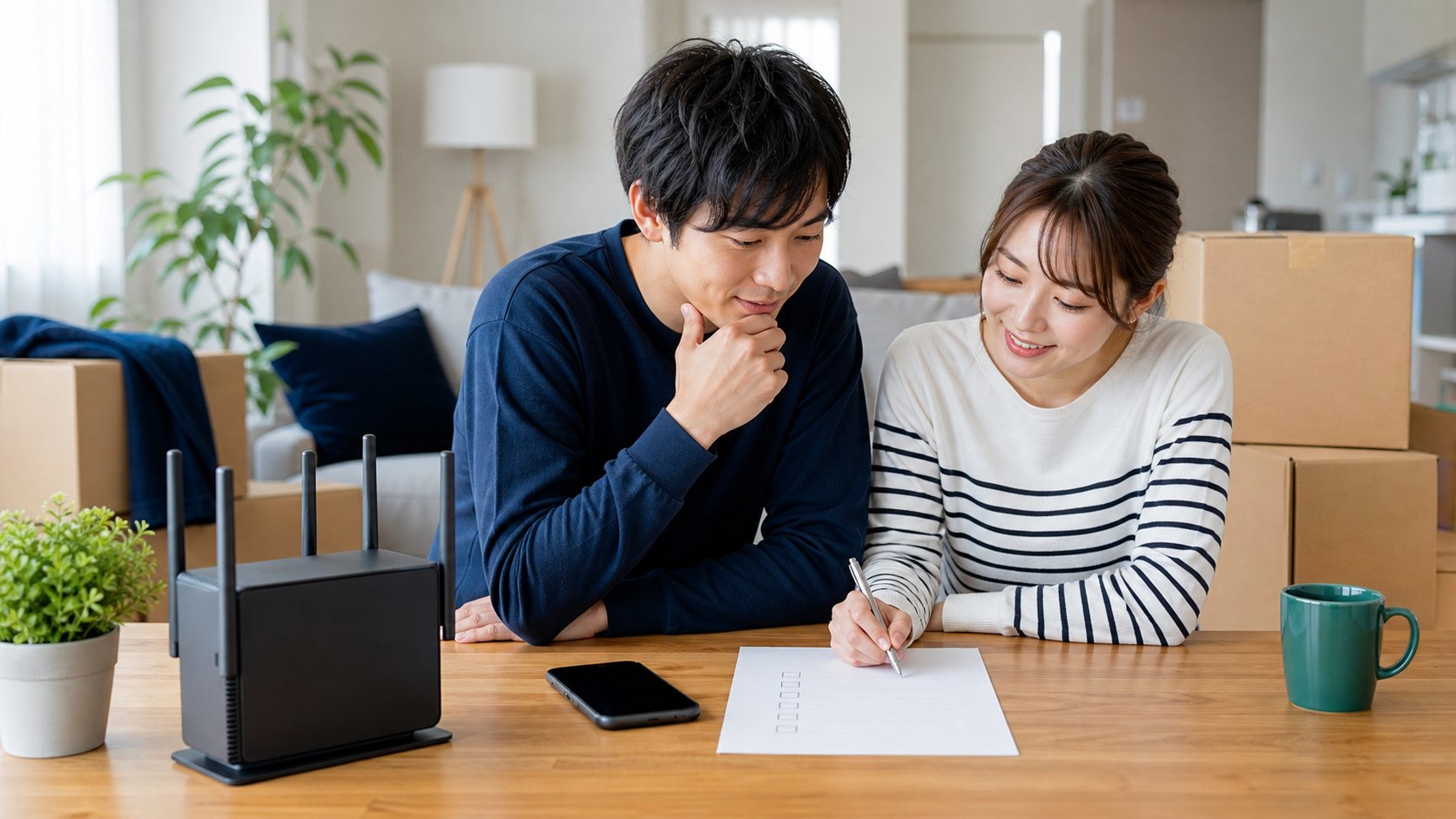 引っ越し後のWiMAX住所変更を確認する夫婦