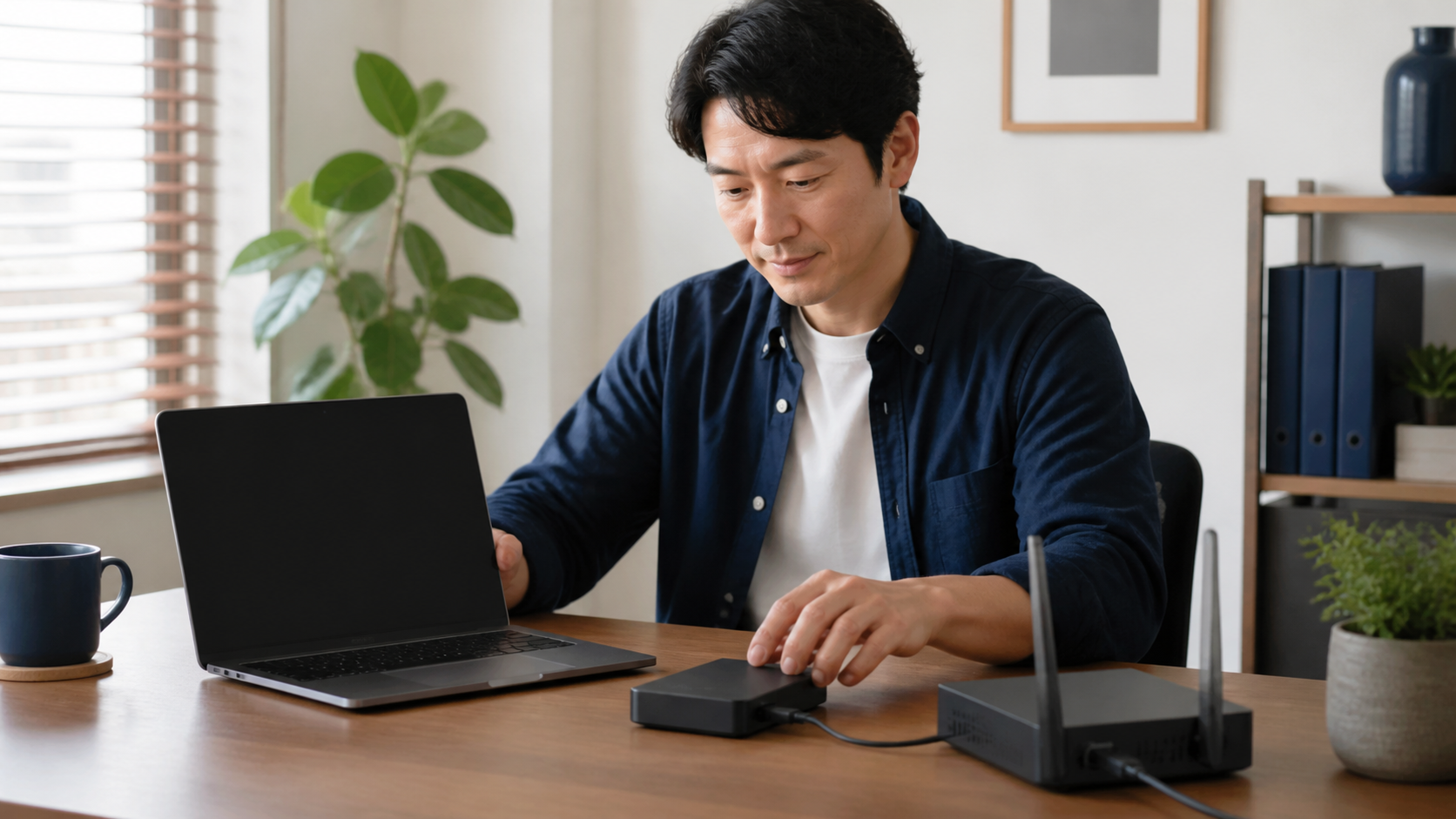 WiMAX回線でクラウドバックアップを準備する男性