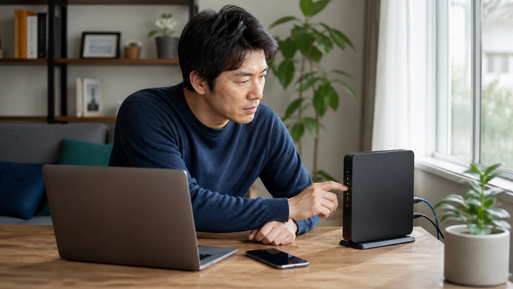 窓際のWiMAXホームルーターを確認する男性