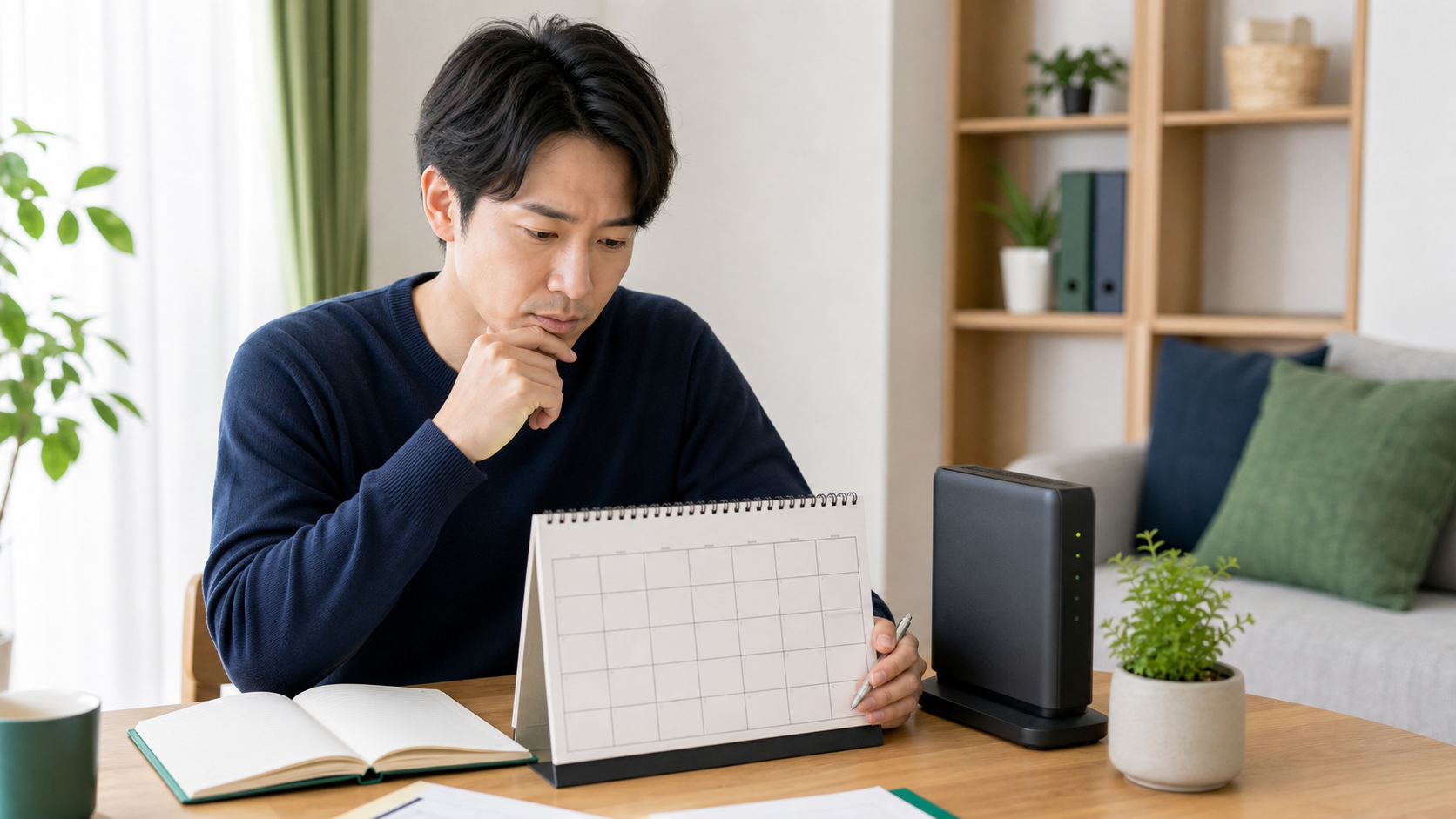 WiMAXの契約期間と端末代をカレンダーで確認する男性