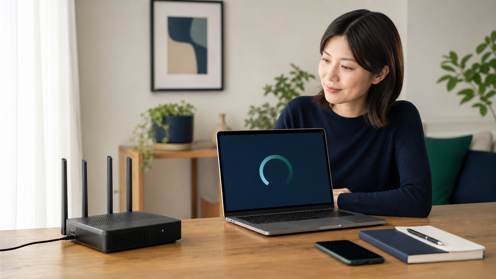 WiMAXルーターのファームウェア更新を確認する女性