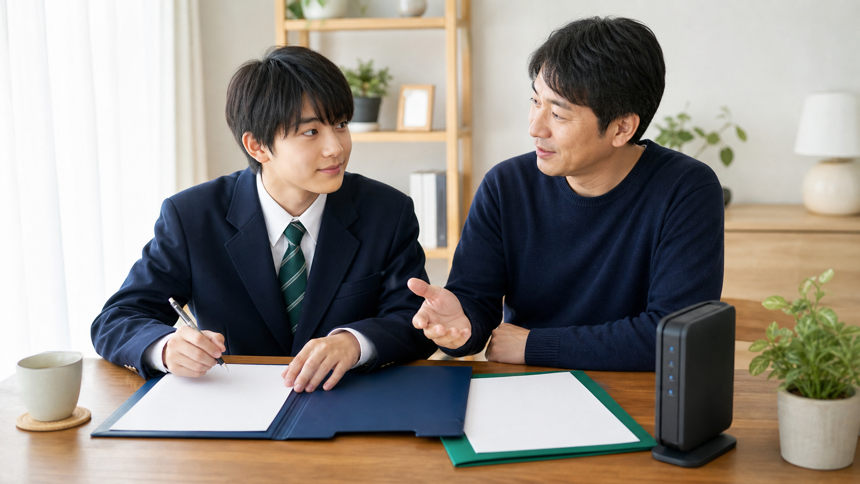 WiMAXの契約準備をする学生と保護者