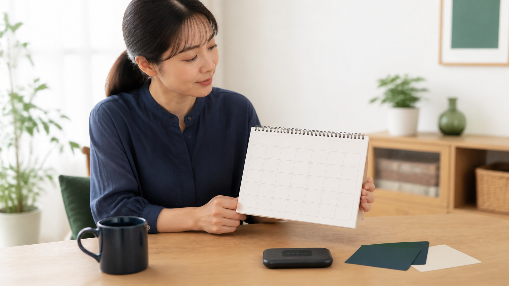 WiMAXの初月と解約月をカレンダーで確認する女性