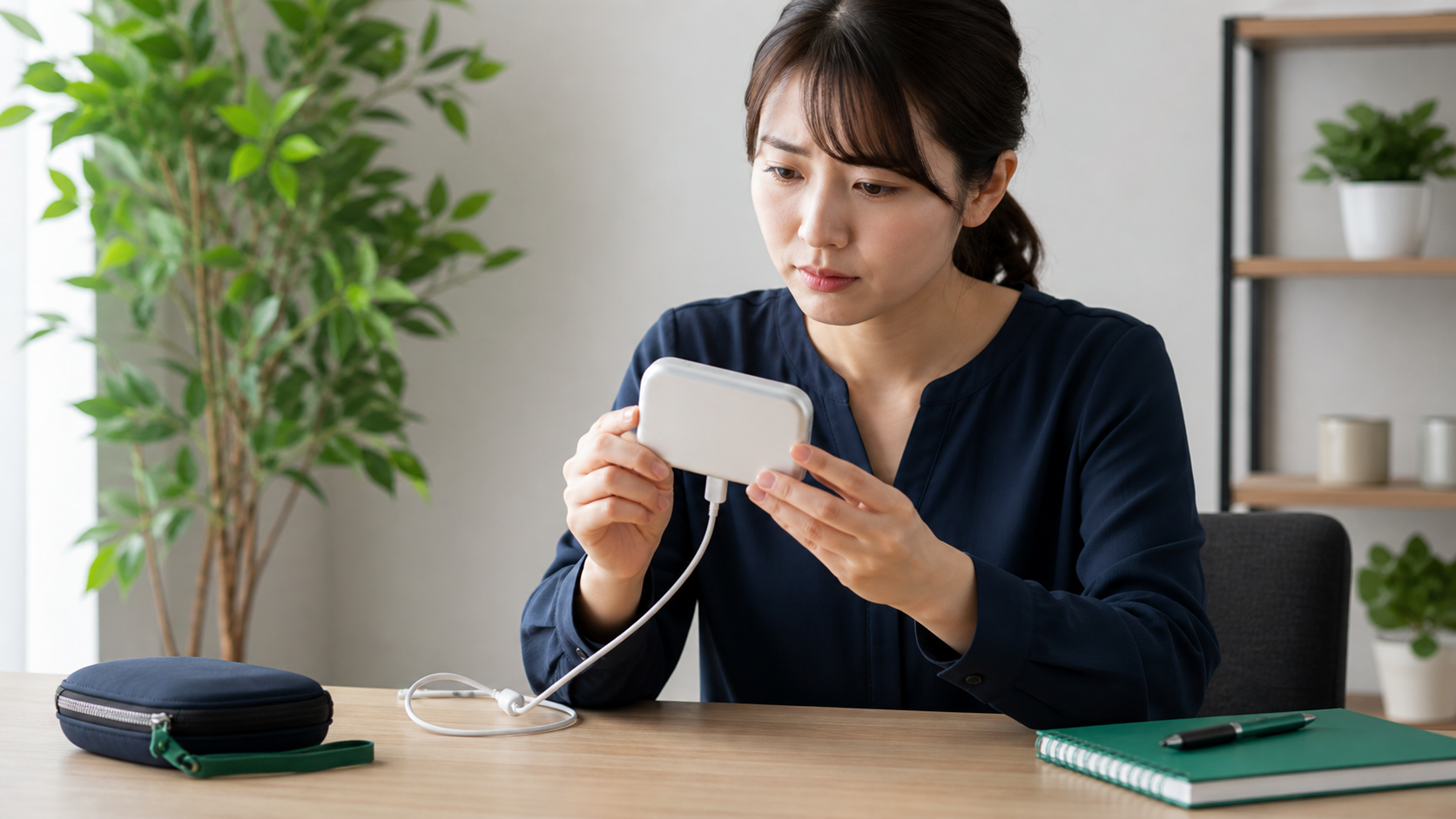 故障が疑われるWiMAXルーターを確認する女性
