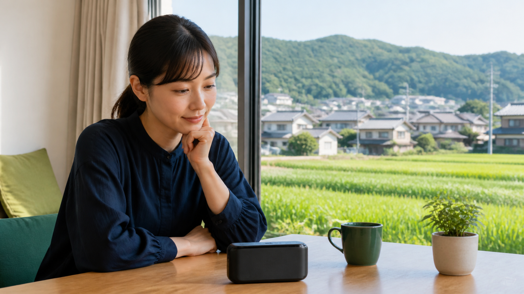 郊外の自宅でWiMAXルーターを確認する女性