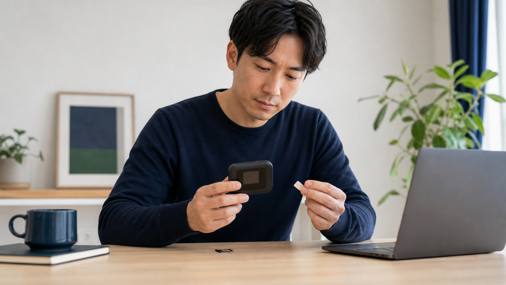 WiMAXルーターとSIMを確認する男性