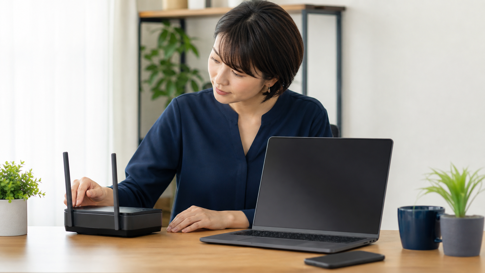 WiMAXルーターの通信状態を確認する女性