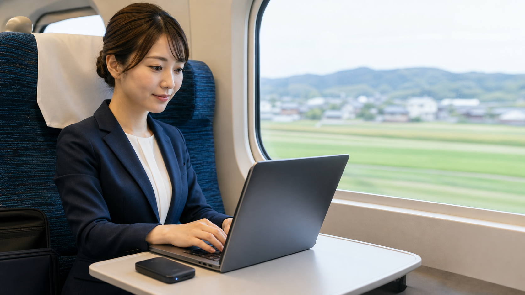 新幹線でWiMAXルーターとパソコンを使う女性