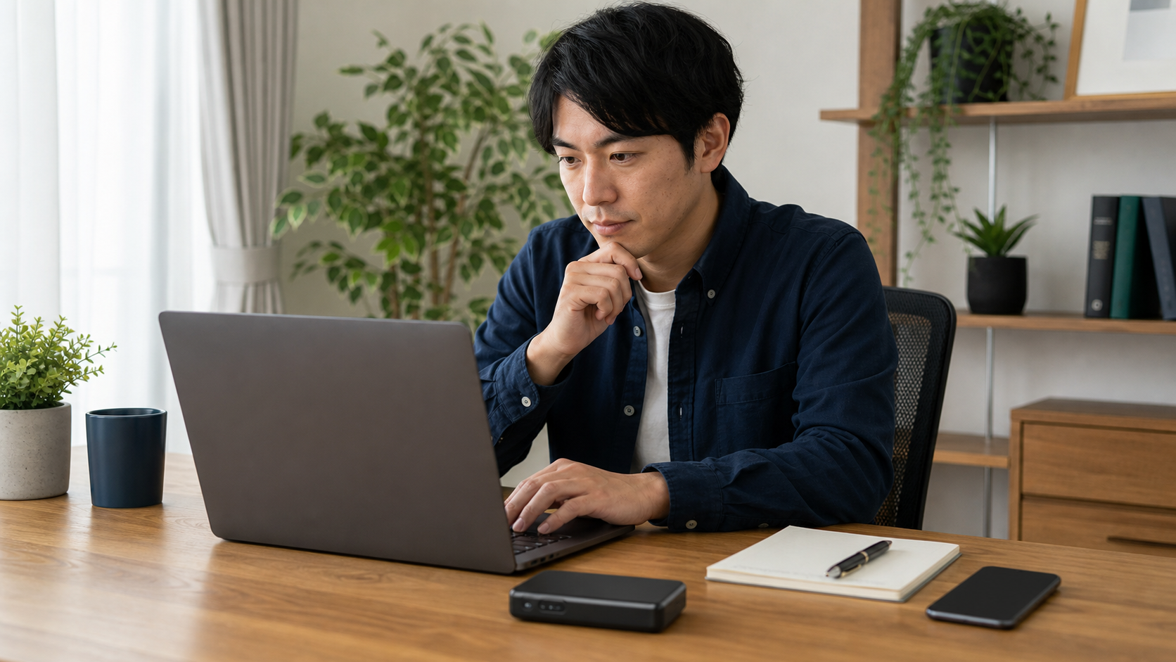 WiMAX回線でVPN接続を確認する男性