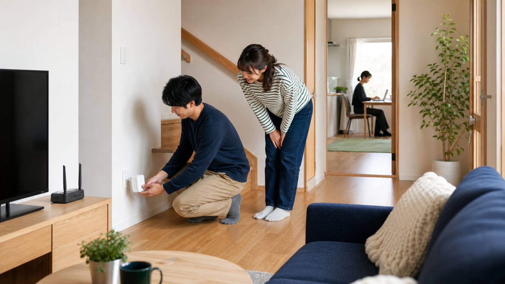 WiMAXルーターのWi-Fi中継機を設置する夫婦