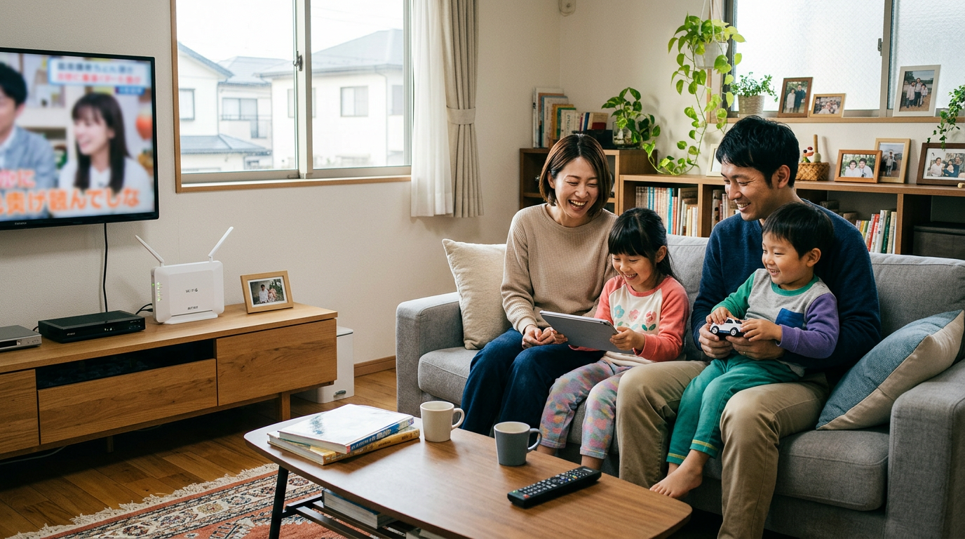 Family sitting on a couch, daughter holding a tablet, son holding a toy car, parents smiling