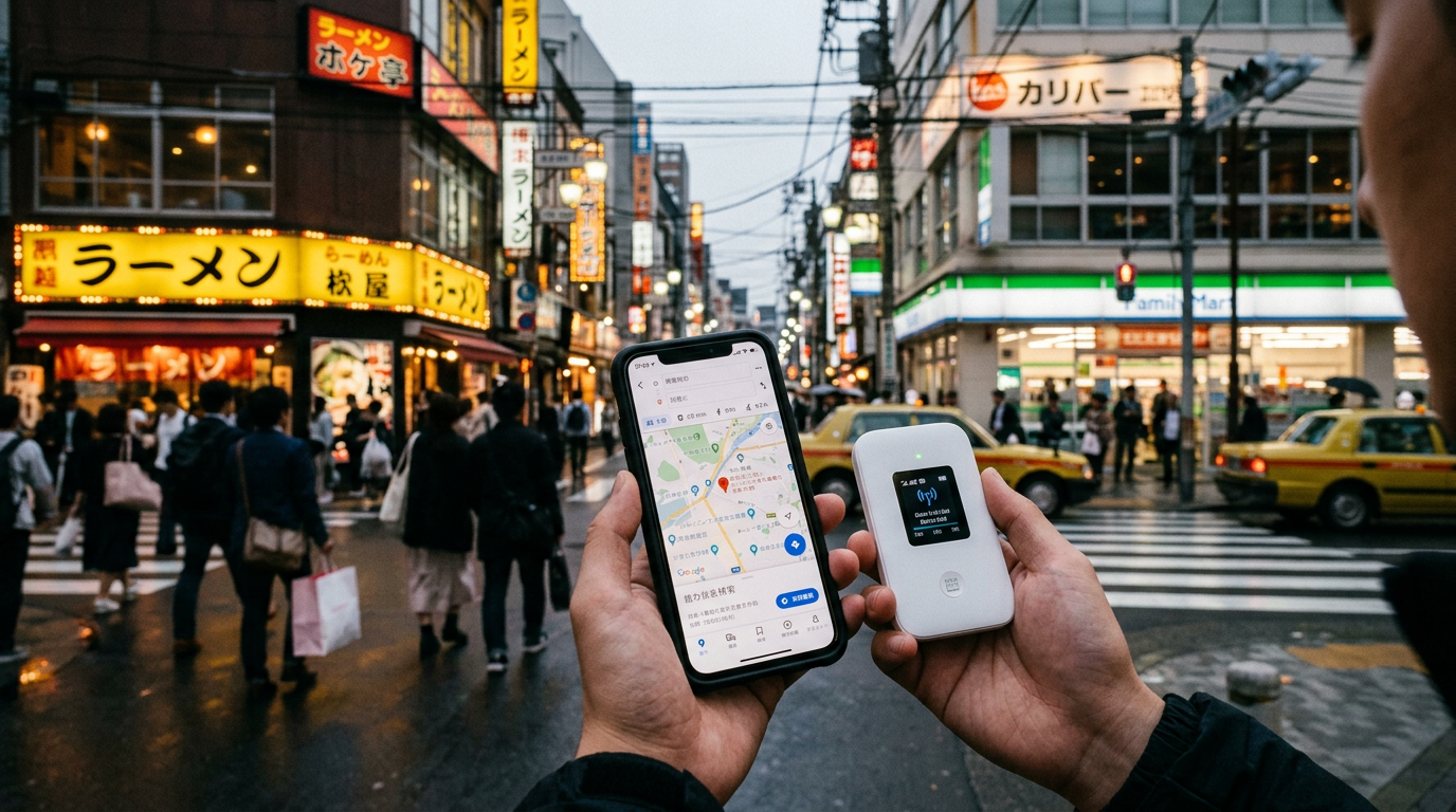 Hands holding smartphone showing map and portable Wi-Fi device in city street.