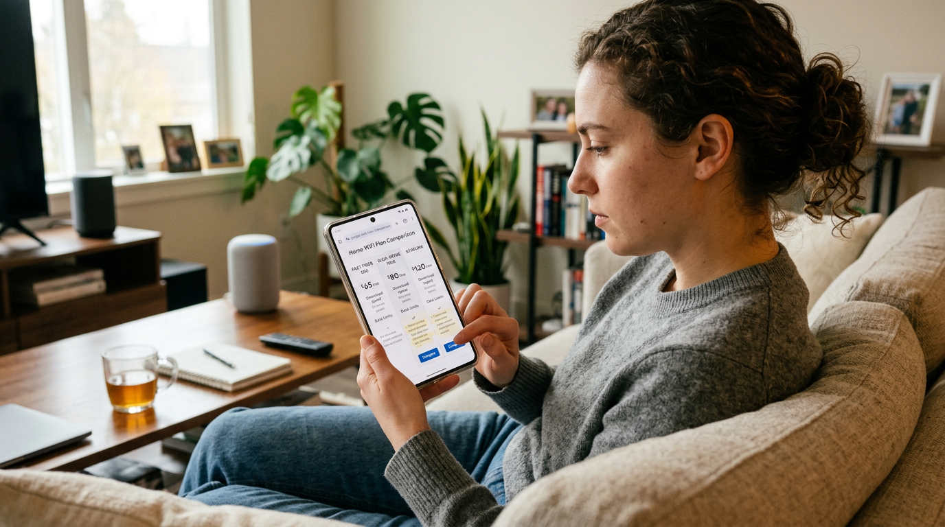 Woman sitting on couch comparing home WiFi plans on smartphone
