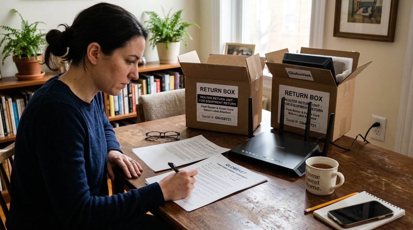 A woman fills out a router return form at a table with return boxes and a router